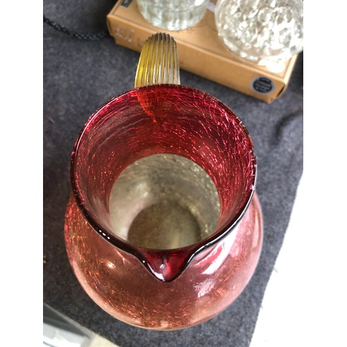 1057 - Boston and Sandwich cranberry and yellow coloured cased crackle jug