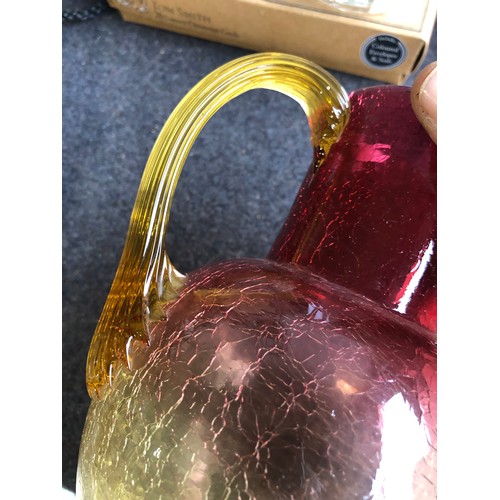 1057 - Boston and Sandwich cranberry and yellow coloured cased crackle jug