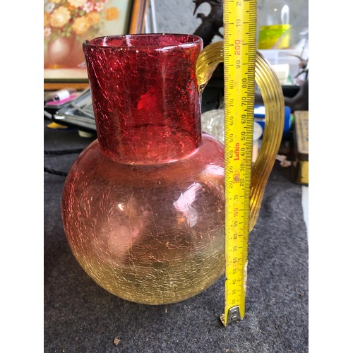1057 - Boston and Sandwich cranberry and yellow coloured cased crackle jug