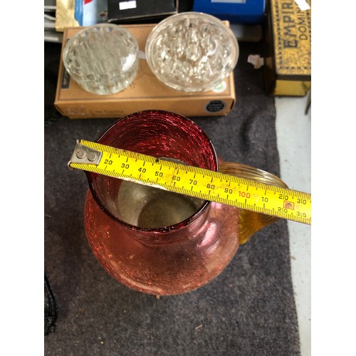 1057 - Boston and Sandwich cranberry and yellow coloured cased crackle jug