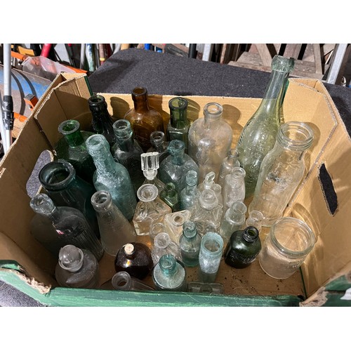 1066 - Collection of old glass bottles along with perfume bottles. Some named