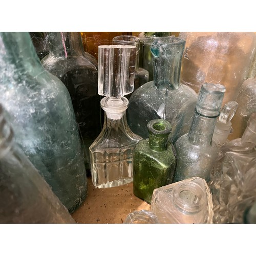 1066 - Collection of old glass bottles along with perfume bottles. Some named