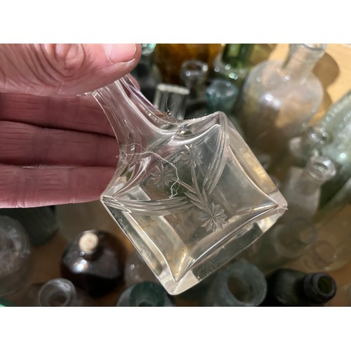1066 - Collection of old glass bottles along with perfume bottles. Some named