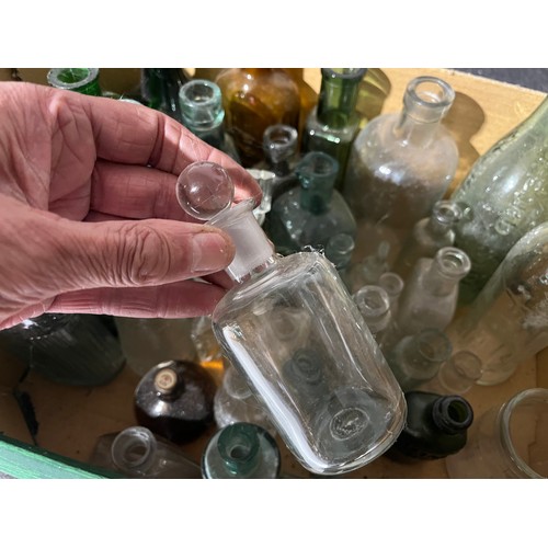 1066 - Collection of old glass bottles along with perfume bottles. Some named