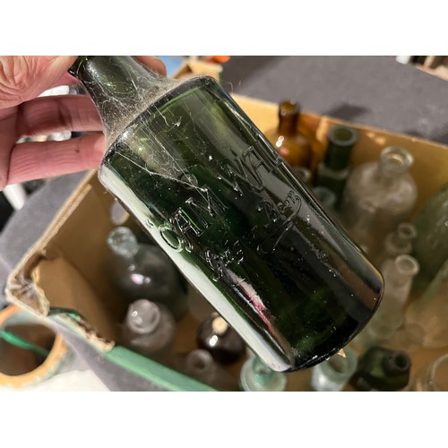 1066 - Collection of old glass bottles along with perfume bottles. Some named