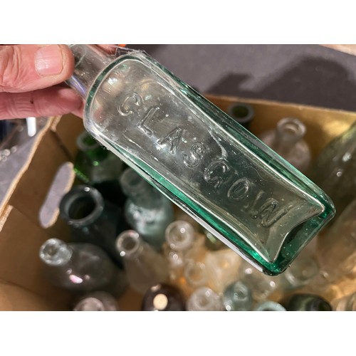 1066 - Collection of old glass bottles along with perfume bottles. Some named