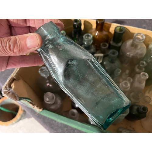 1066 - Collection of old glass bottles along with perfume bottles. Some named