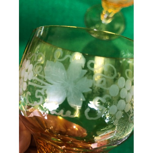 1115 - Five John Walsh vine and tendril wine glasses in Amber glass.