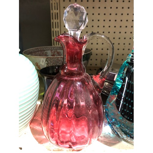 1204 - Cranberry glass vinegar or oil bottle with stopper