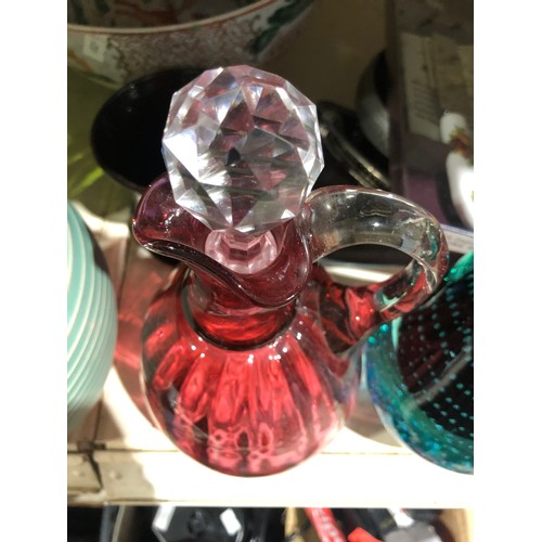 1204 - Cranberry glass vinegar or oil bottle with stopper