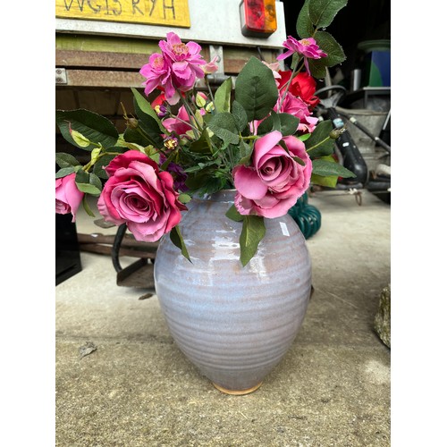 1207 - Large glazed pottery globular vase. Signed. Flowers not included