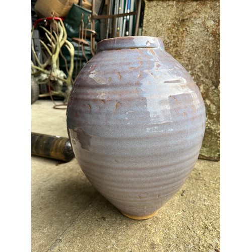 1207 - Large glazed pottery globular vase. Signed. Flowers not included