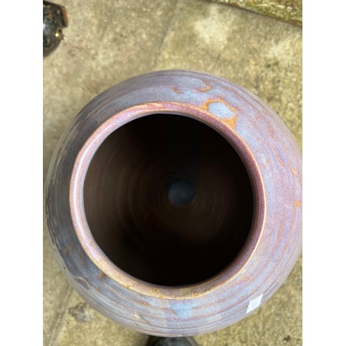 1207 - Large glazed pottery globular vase. Signed. Flowers not included