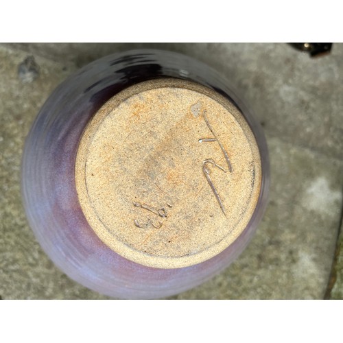 1207 - Large glazed pottery globular vase. Signed. Flowers not included