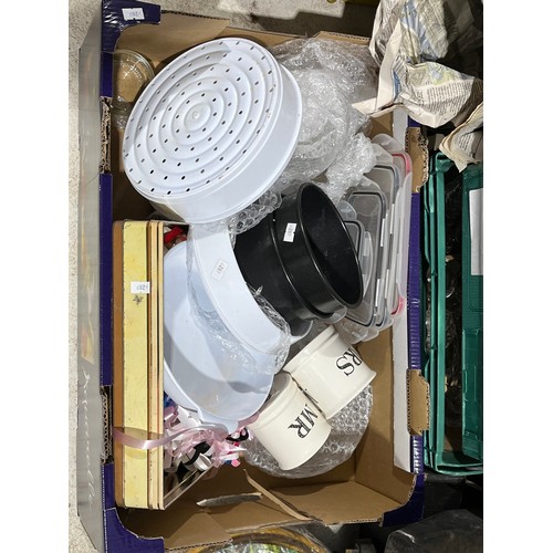 1215 - Box of kitchenware including Mr and Mrs mugs, ribbons, bowl, sieve and crystal sundae dishes