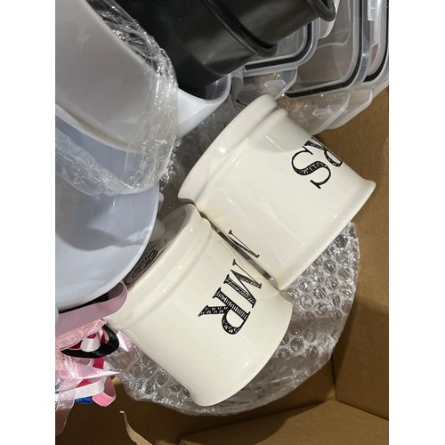 1215 - Box of kitchenware including Mr and Mrs mugs, ribbons, bowl, sieve and crystal sundae dishes