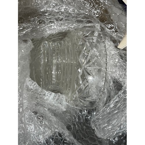 1215 - Box of kitchenware including Mr and Mrs mugs, ribbons, bowl, sieve and crystal sundae dishes