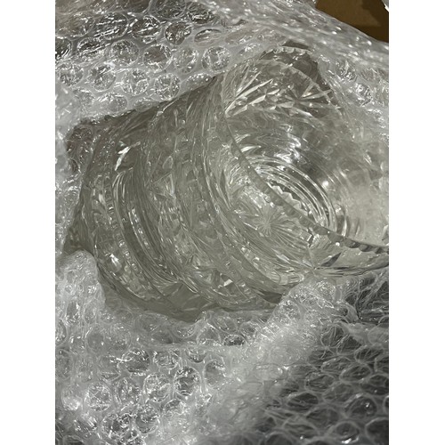 1215 - Box of kitchenware including Mr and Mrs mugs, ribbons, bowl, sieve and crystal sundae dishes