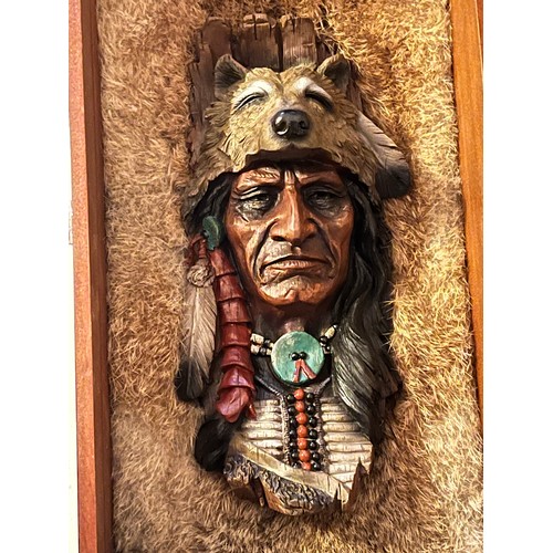 1305 - Resin bust of a Red Indian chief set in rabbit fur framed and glazed