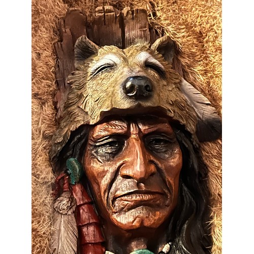 1305 - Resin bust of a Red Indian chief set in rabbit fur framed and glazed