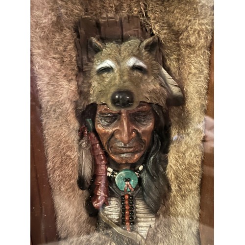 1305 - Resin bust of a Red Indian chief set in rabbit fur framed and glazed