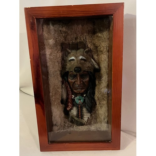 1305 - Resin bust of a Red Indian chief set in rabbit fur framed and glazed