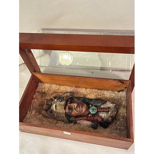 1305 - Resin bust of a Red Indian chief set in rabbit fur framed and glazed