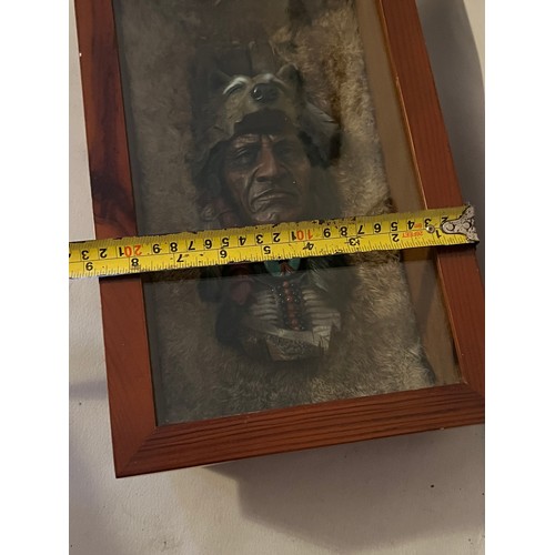 1305 - Resin bust of a Red Indian chief set in rabbit fur framed and glazed