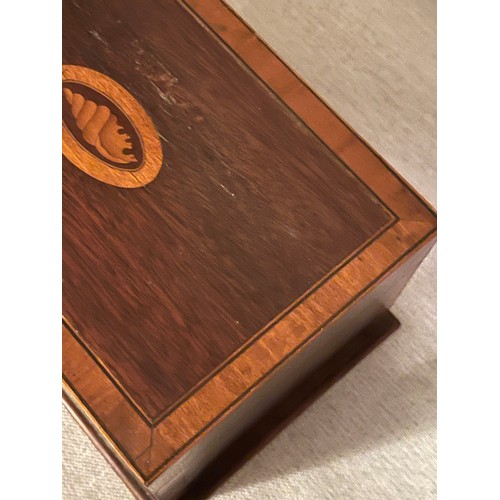 1394 - A Sheraton style Mahogany shell motif inlaid George III wooden box. No key