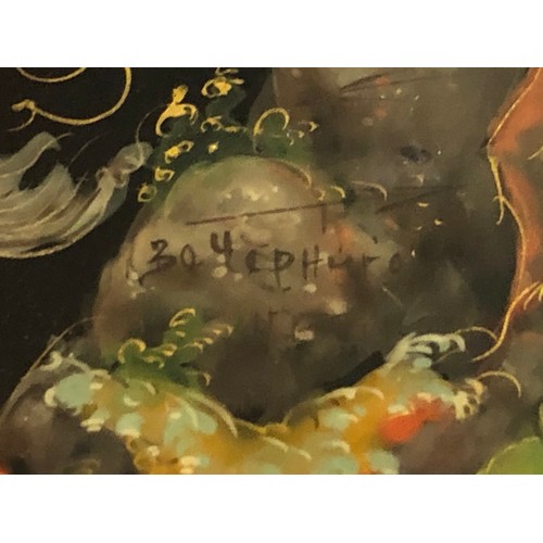 1414 - A beautiful Palekh Russian lacquered painted cigarette box with warrior riding a horse in full armou... 