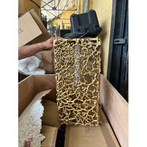 1465 - A large square gold coral hurricane lamp with battery candle