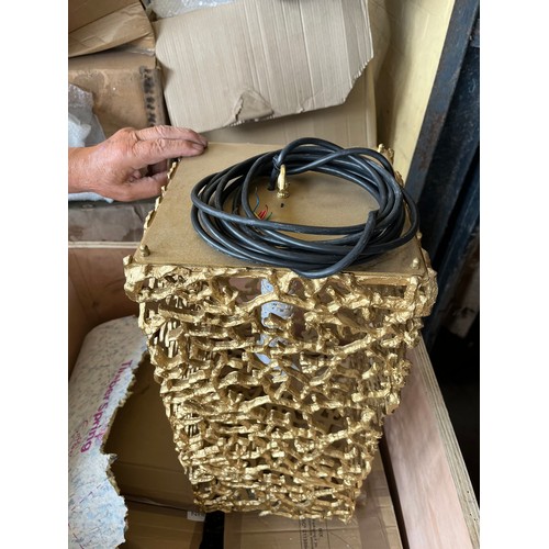 1465 - A large square gold coral hurricane lamp with battery candle