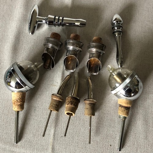 1596 - Silver plated and chrome, Wine bottle spouts, measures and stoppers