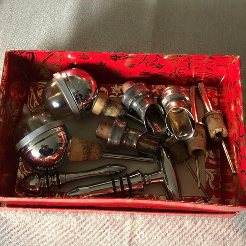 1596 - Silver plated and chrome, Wine bottle spouts, measures and stoppers