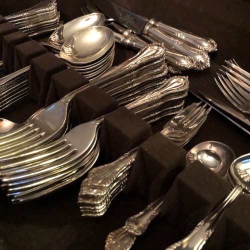 1597 - Comprehensive Walker and Hall silver plated cutlery set boxed in a solid blond Oak case