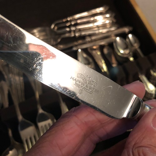 1597 - Comprehensive Walker and Hall silver plated cutlery set boxed in a solid blond Oak case