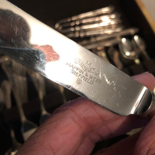 1597 - Comprehensive Walker and Hall silver plated cutlery set boxed in a solid blond Oak case