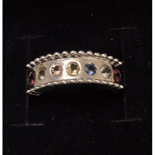 1637 - New Modern Style Sterling Silver & 7 Gem Ring
Size Q