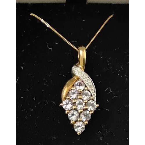 1728 - Attractive 9k yellow gold light pink topaz & diamond pendant with 18