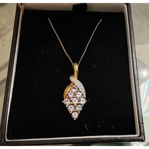 1728 - Attractive 9k yellow gold light pink topaz & diamond pendant with 18