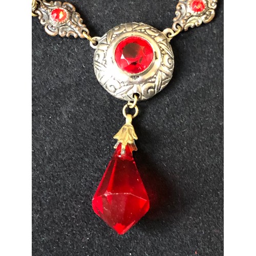 1871 - 1920's Edwardian silver plated chain with a bright vermilion red crystal paste briolette suspended f... 