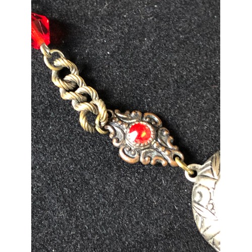 1871 - 1920's Edwardian silver plated chain with a bright vermilion red crystal paste briolette suspended f... 