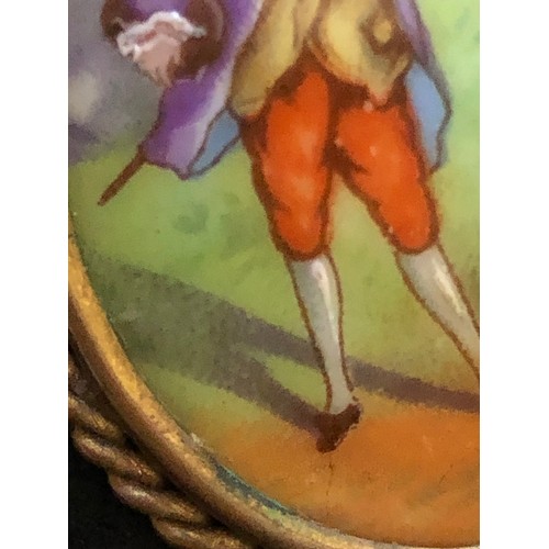 1875 - Pretty Limoges France convex hand painted porcelain brooch set in a ropework gold plated frame with ... 