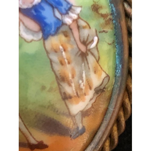 1875 - Pretty Limoges France convex hand painted porcelain brooch set in a ropework gold plated frame with ... 