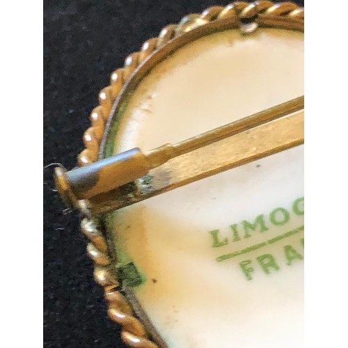 1875 - Pretty Limoges France convex hand painted porcelain brooch set in a ropework gold plated frame with ... 