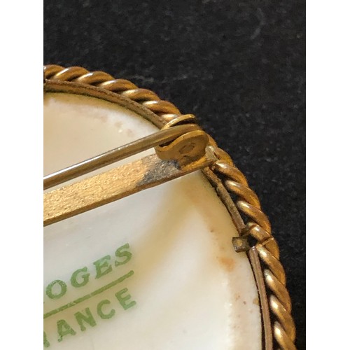1875 - Pretty Limoges France convex hand painted porcelain brooch set in a ropework gold plated frame with ... 
