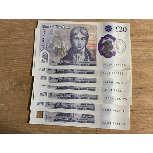 Collection of seven Bank of England £20 Notes. Consecutive serial ...
