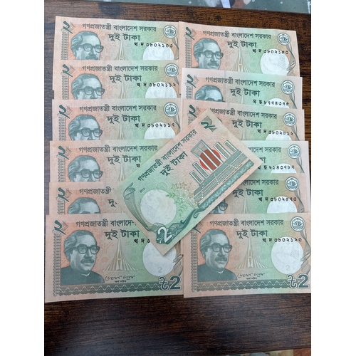 66 - Bangladesh 2 Taka Banknote Collection – 11 Crisp Notes – Sheikh Mujibur Rahman  Crisp group of 11 Ba... 