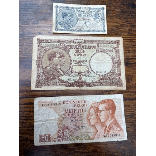 71 - Belgium Banknote Collection – 3 Vintage Notes (1, 20 & 50 Francs, 1920–1966). Interesting group of t... 