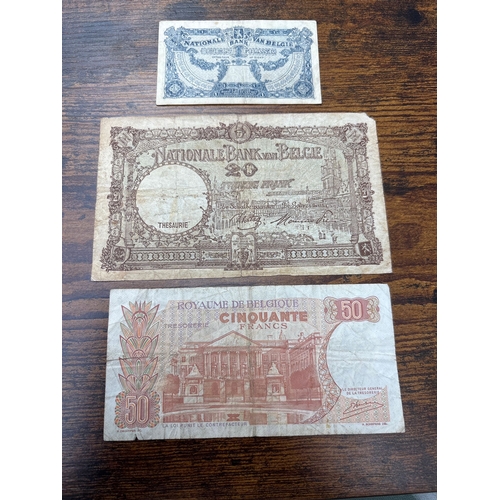 71 - Belgium Banknote Collection – 3 Vintage Notes (1, 20 & 50 Francs, 1920–1966). Interesting group of t... 